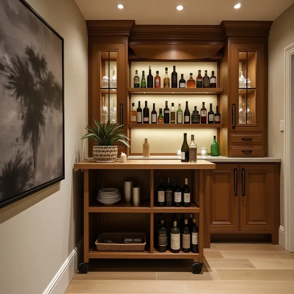 a photo of a wooden bar cart in a stylish basement