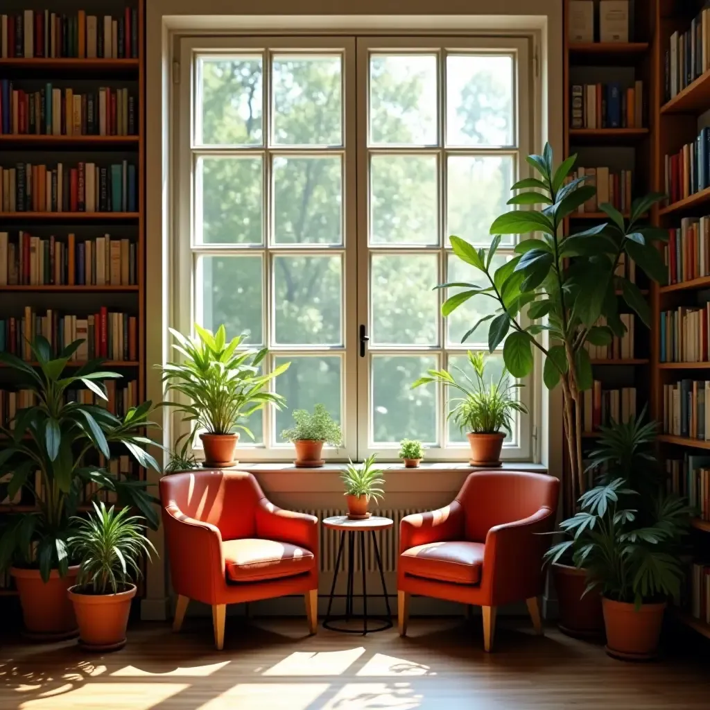 a photo of a cozy reading nook in a library with natural light and plants