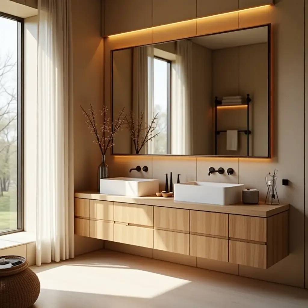 a photo of a warm wooden cabinet with decorative items in a bathroom