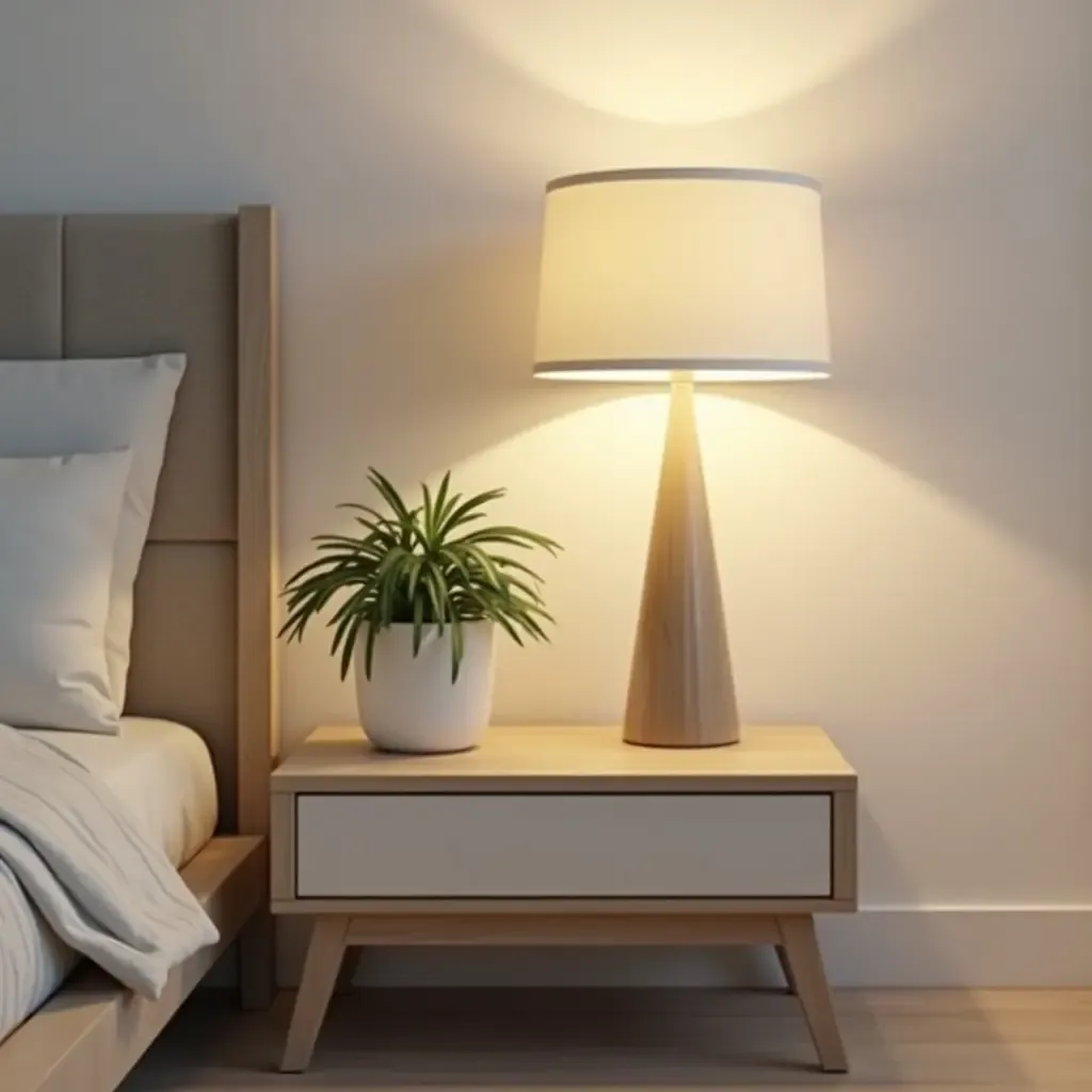 a photo of a minimalist nightstand with a succulent and a stylish lamp