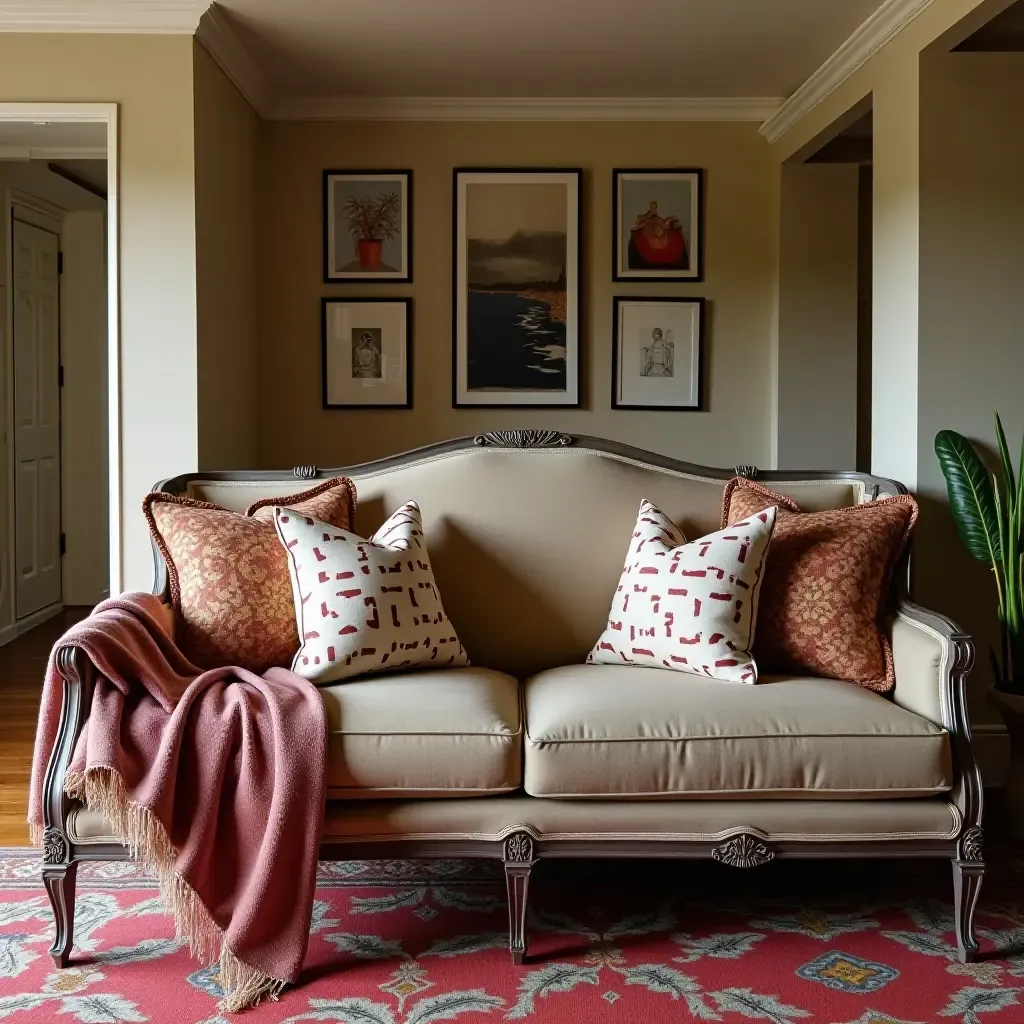 a photo of a stylish basement featuring patterned throw pillows on a vintage couch