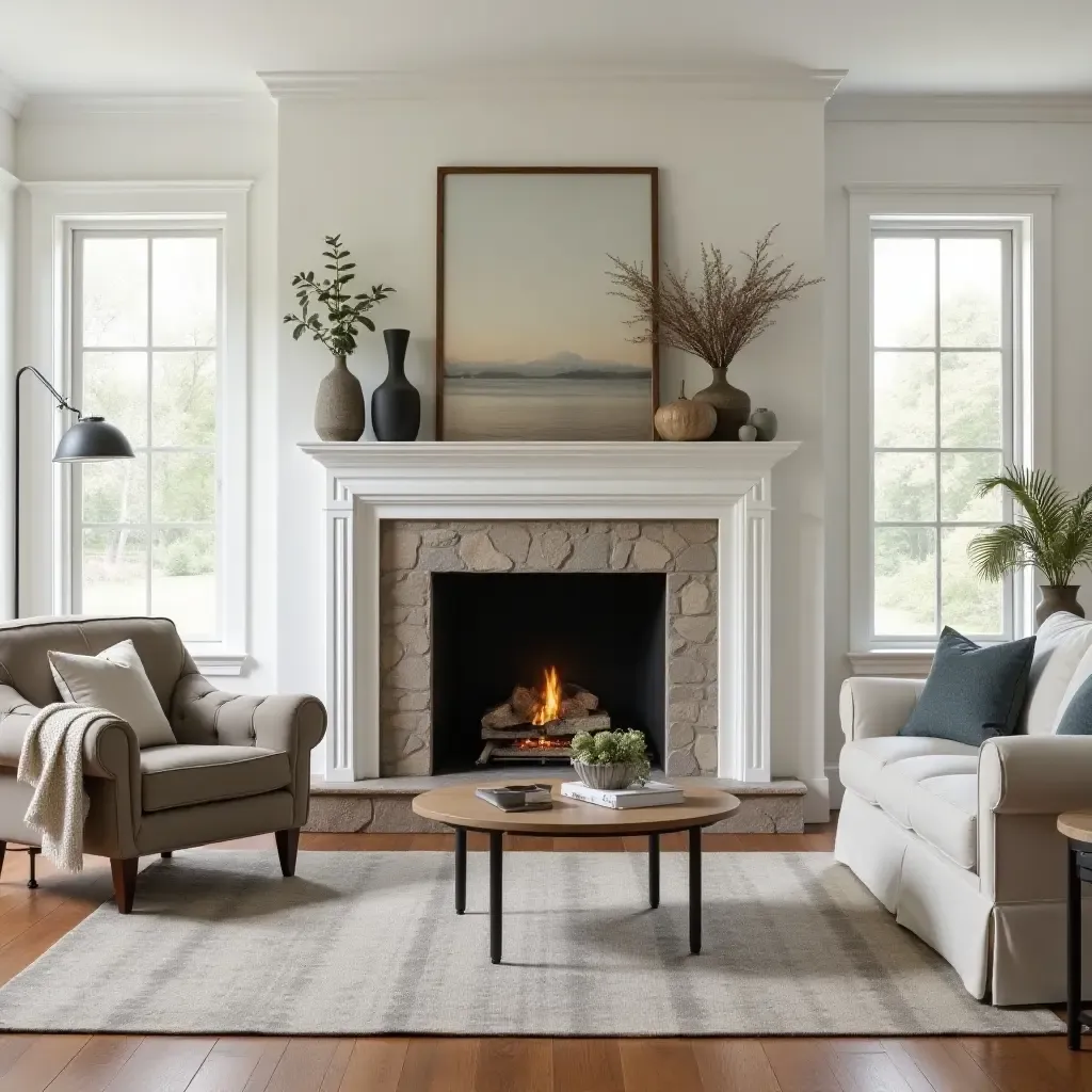 a photo of a living room featuring a cozy fireplace with farmhouse-style decor