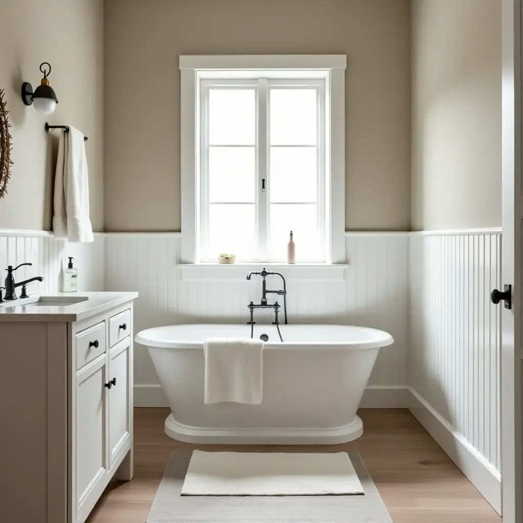 a photo of a cozy bathroom with a farmhouse-inspired color palette