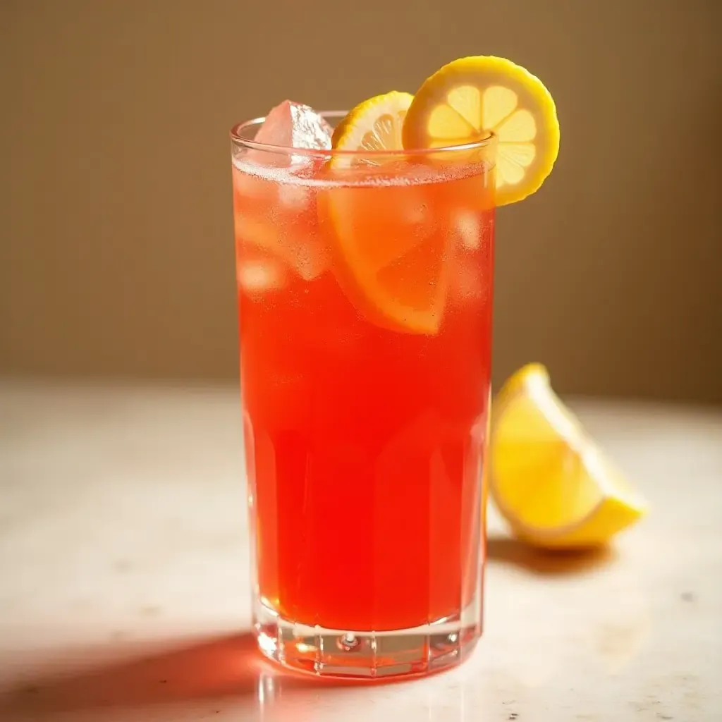 a photo of a sparkling glass of tinto de verano garnished with lemon slices and ice.