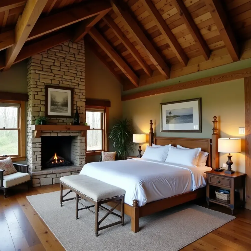 a photo of a rustic bedroom with exposed beams and a stone fireplace