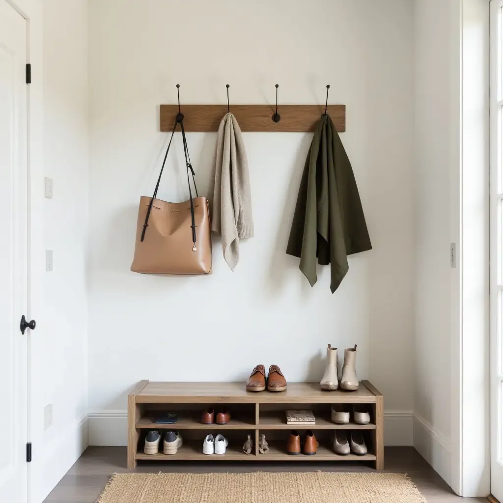 a photo of an organized entrance hall featuring a shoe rack and coat hooks