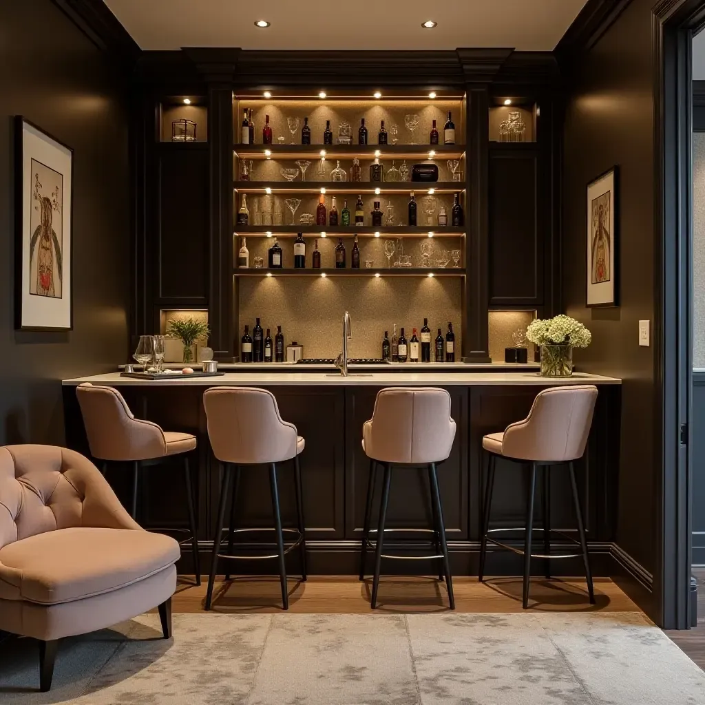 a photo of a chic basement bar with a wine rack and elegant furnishings