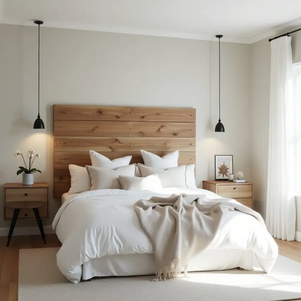 a photo of a reclaimed wood headboard in a modern bedroom