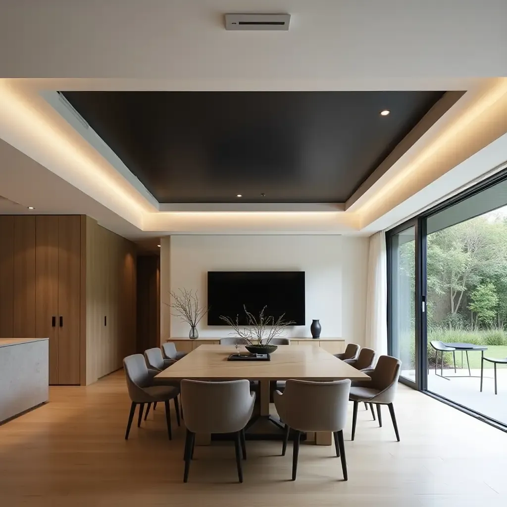 a photo of a modern dining room with a retractable TV hidden in the ceiling