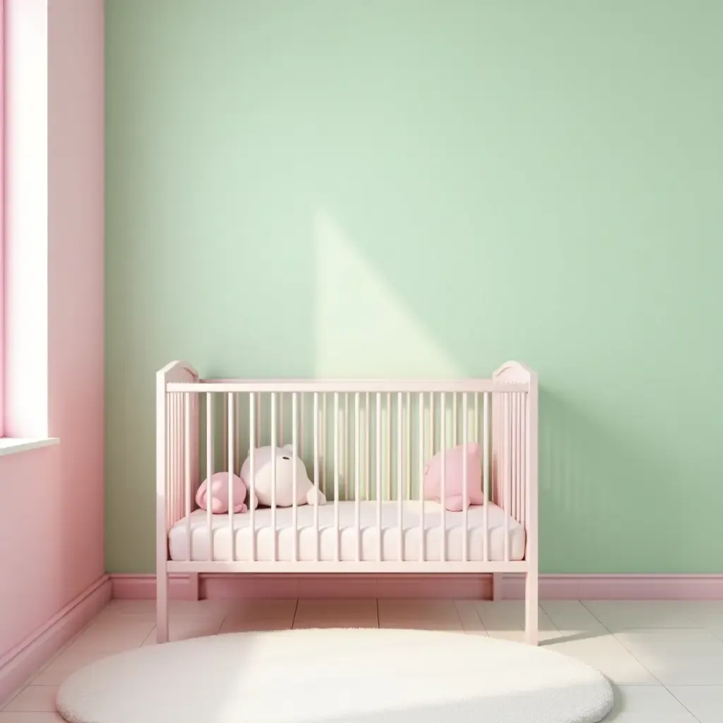 a photo of a nursery with pastel pink and mint green walls