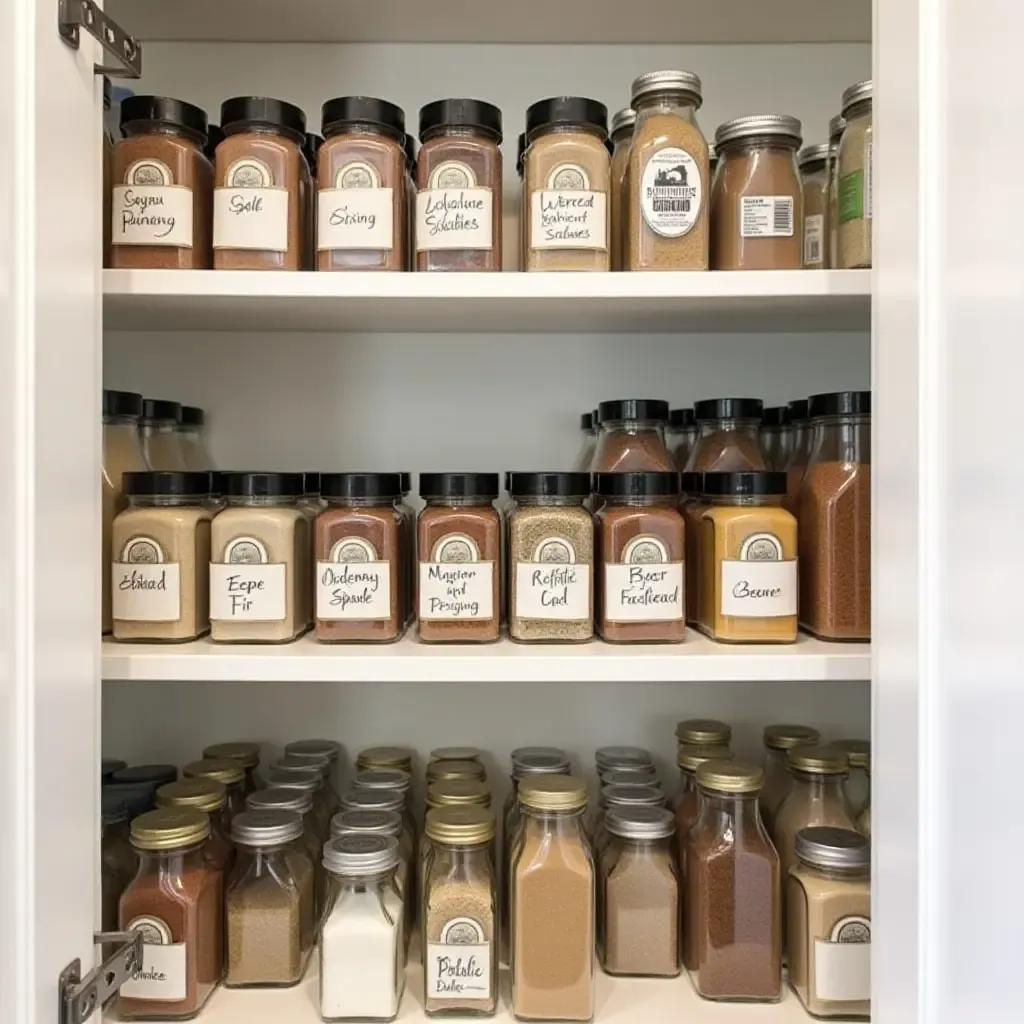 a photo of a pantry organized with tiered spice racks and elegant labels