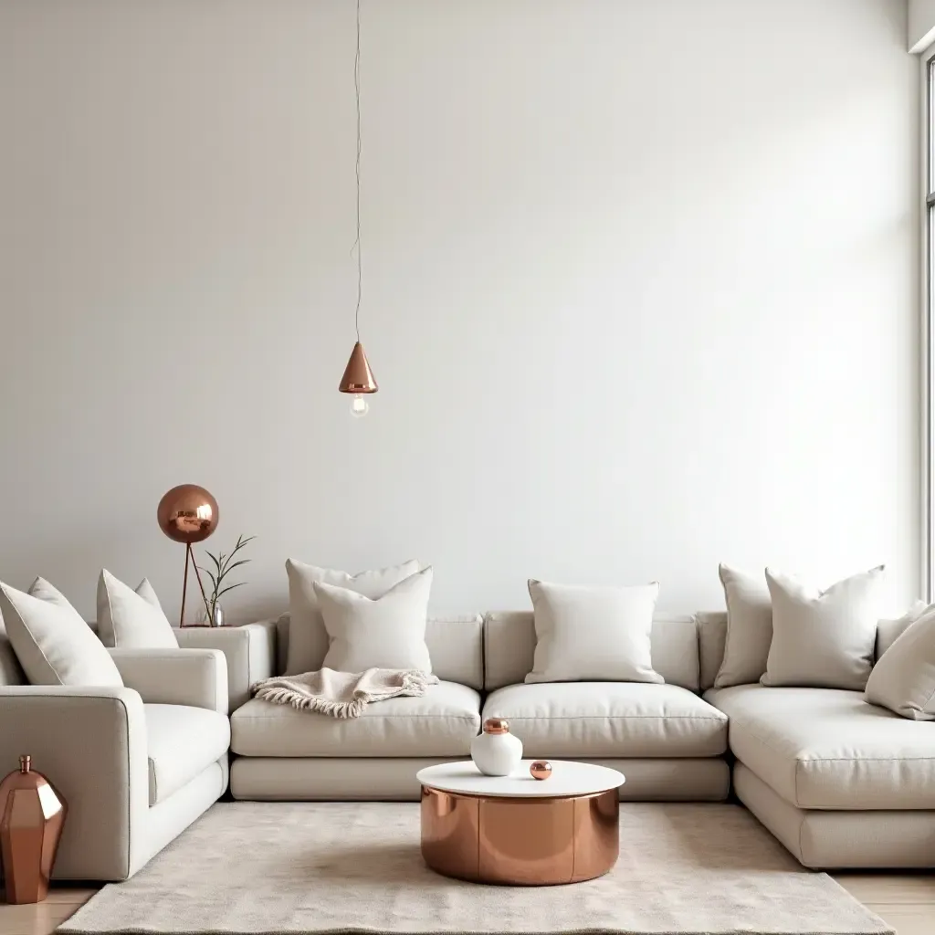 a photo of a minimalist living room with rose gold metallic decor items