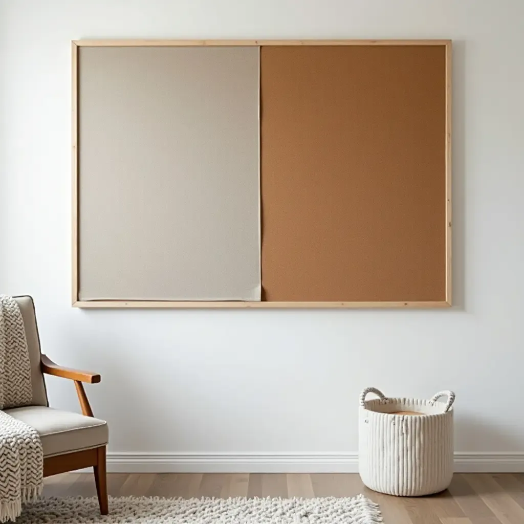 a photo of a room featuring a DIY bulletin board made of cork and fabric