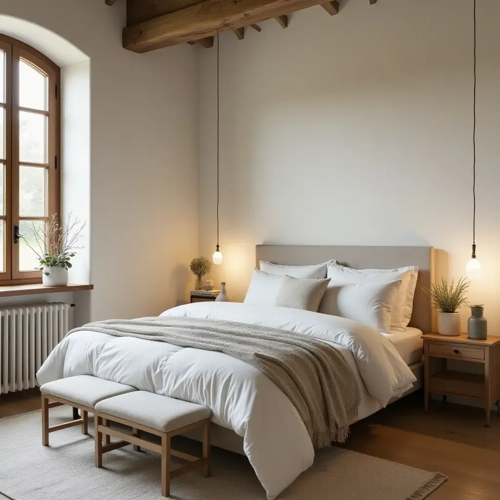 a photo of a tranquil farmhouse bedroom with soft lighting and natural decor