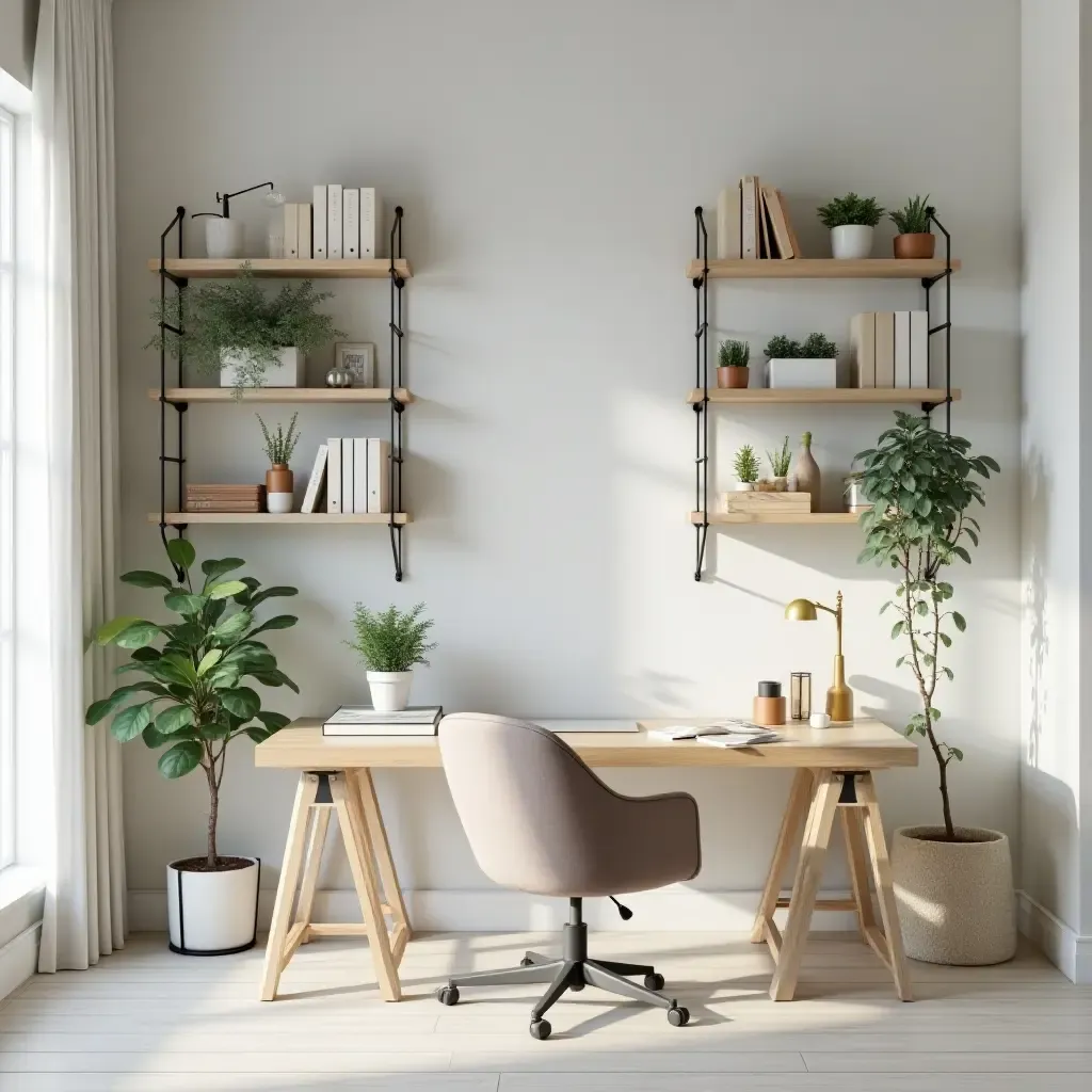 a photo of a stylish workspace with open shelves holding office supplies and plants