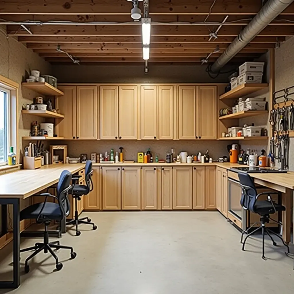 a photo of a basement workshop with wooden storage solutions