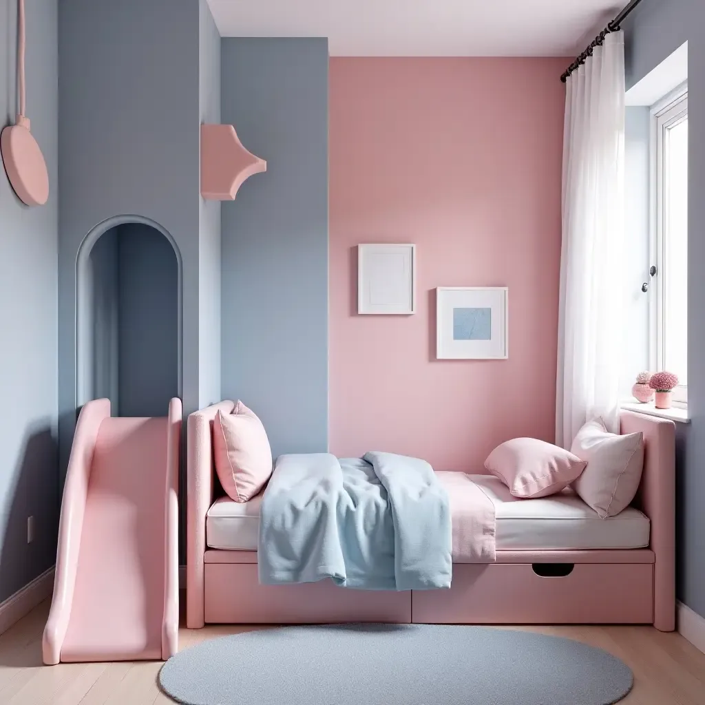 a photo of a playful pink and blue bedroom with a slide