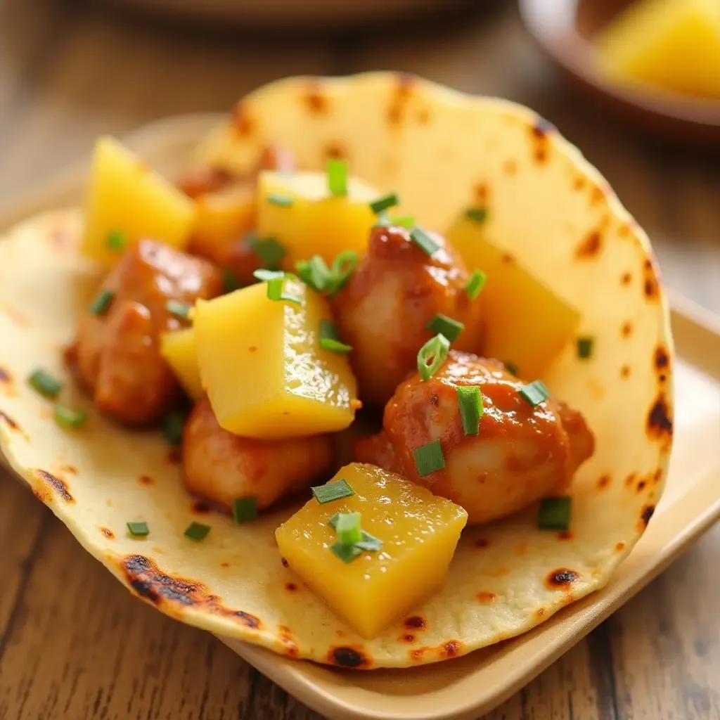 a photo of a taco with grilled pineapple and teriyaki-glazed chicken