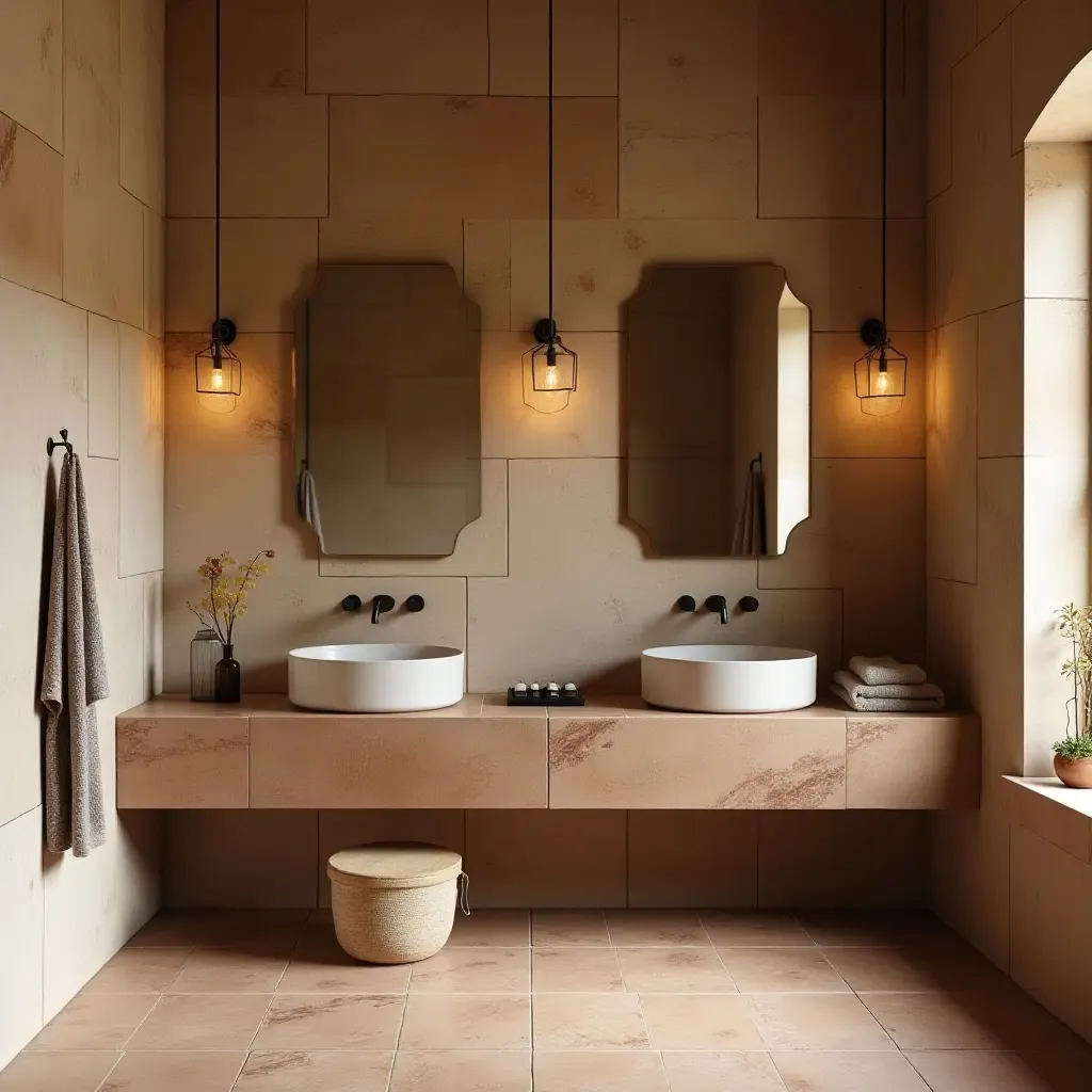 a photo of a rustic bathroom showcasing handmade ceramic tiles in earthy tones