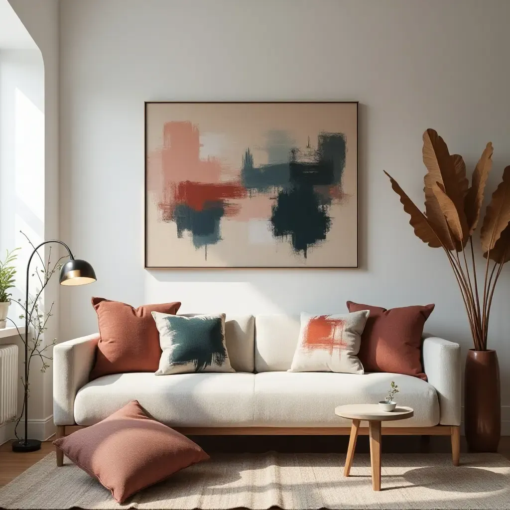 a photo of an artistic living room with abstract throw pillows on a creative couch