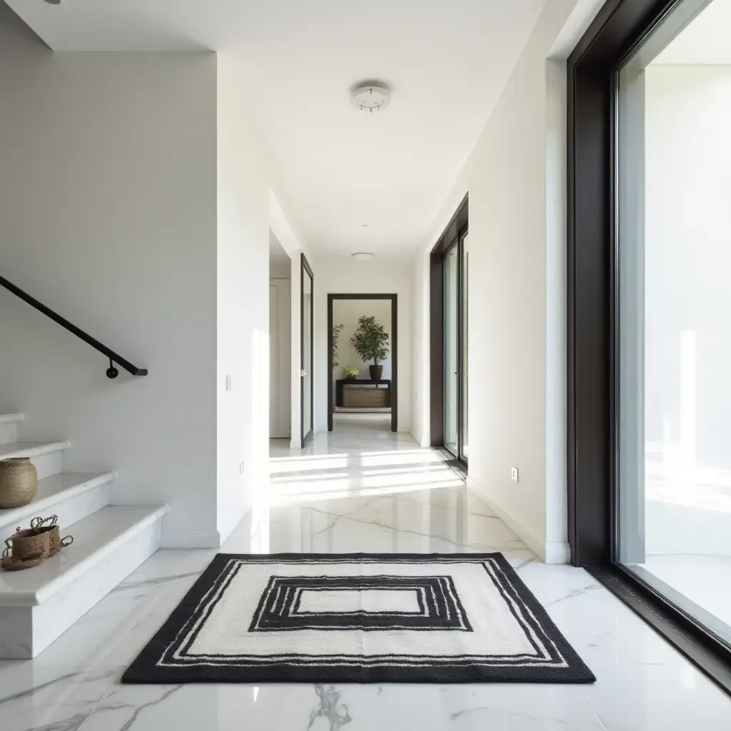 a photo of a minimalist black and white rug in a sleek entrance hall