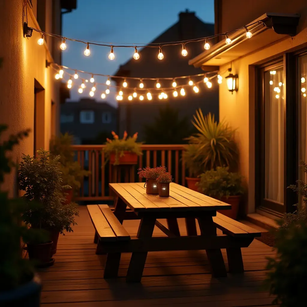 a photo of a balcony with a retro picnic table and string lights