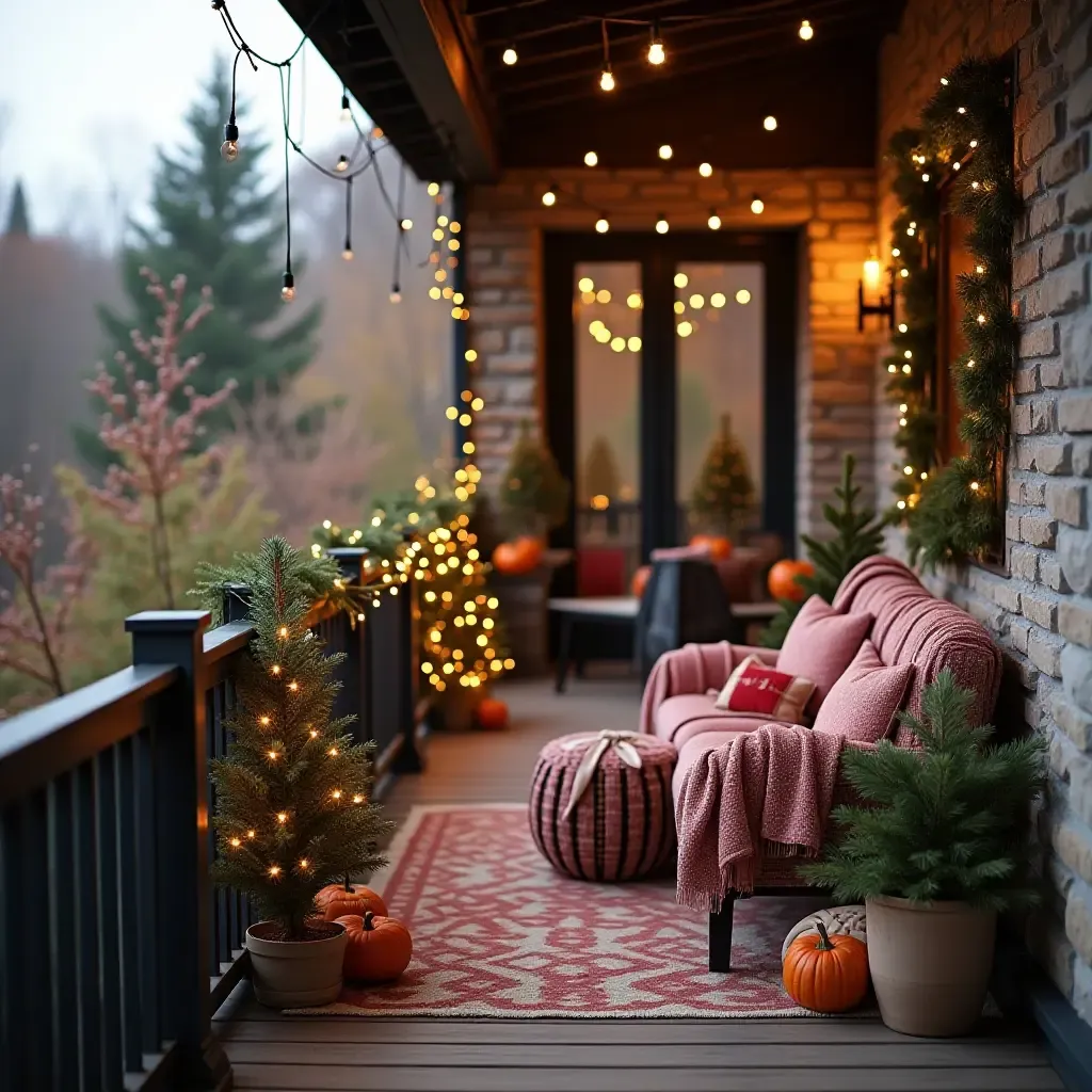 a photo of a balcony with seasonal decorations and cozy blankets