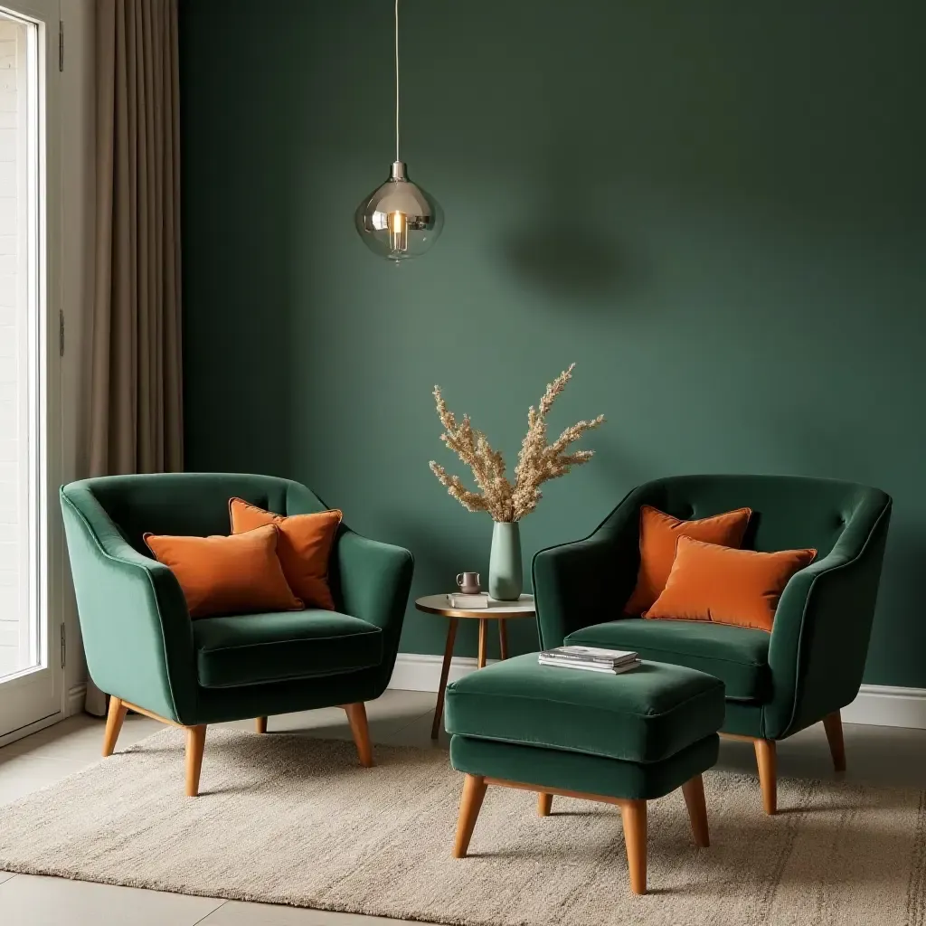 a photo of a contemporary living room with dark green accent chairs and burnt orange cushions