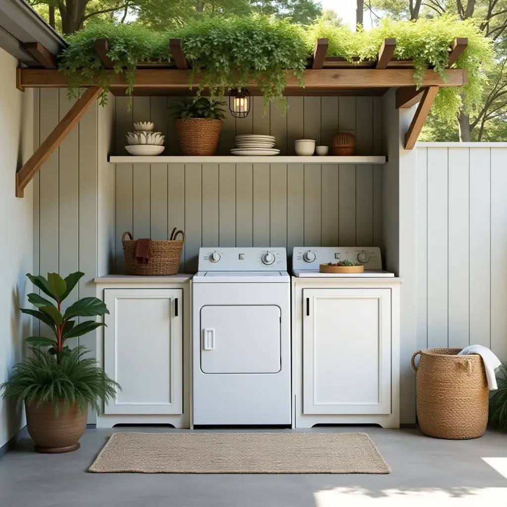 a photo of an outdoor laundry area with a charming farmhouse aesthetic