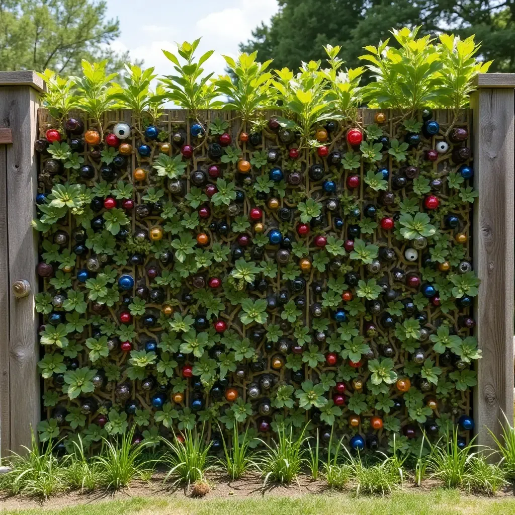 a photo of a creative upcycled garden wall with bottles