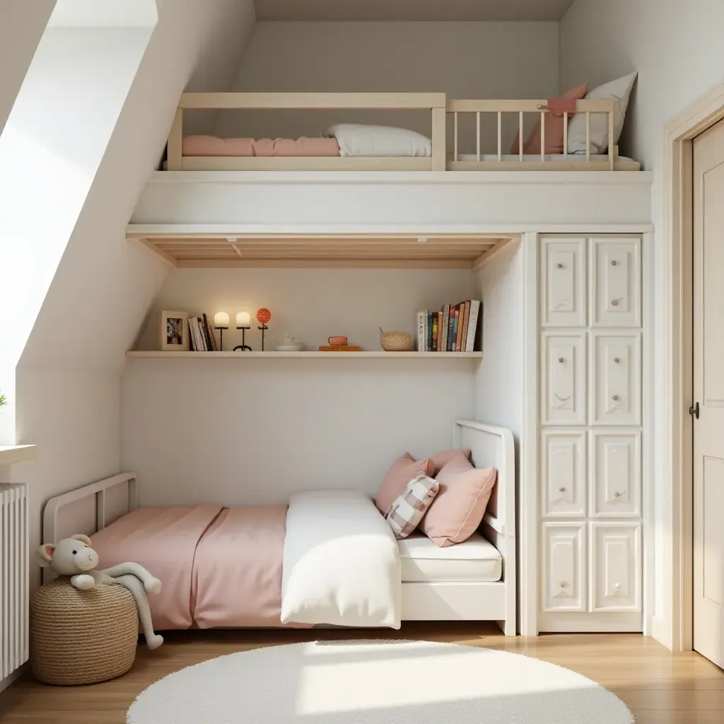 a photo of a bright shared bedroom with a loft bed and a play area underneath