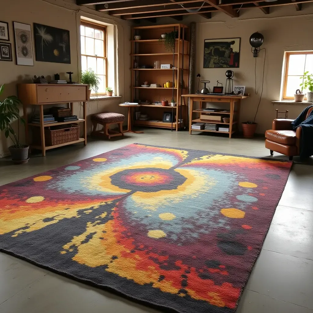 a photo of a funky, asymmetrical rug in a creative basement studio