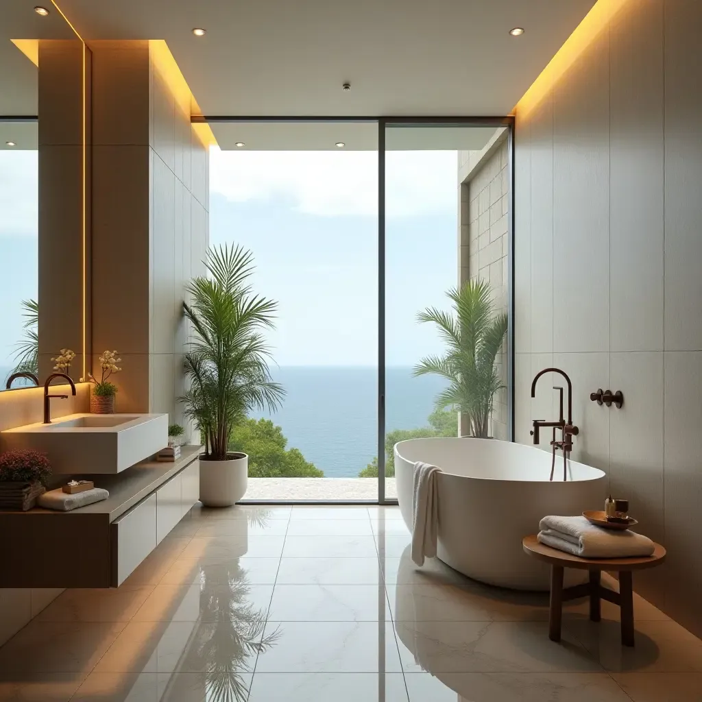 a photo of a bathroom with a stunning view and luxurious decor elements