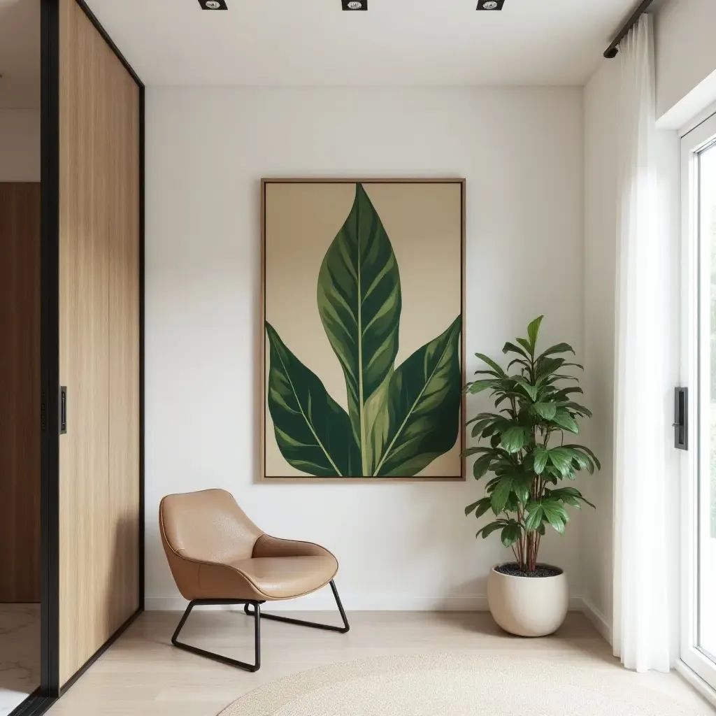 a photo of a modern entry hall with a bold plant wall art piece