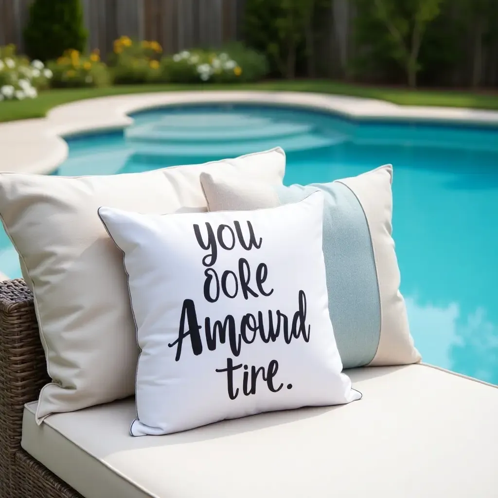 a photo of throw pillows with inspirational quotes by the poolside