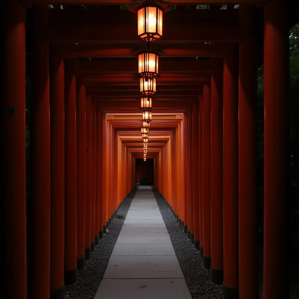 a photo of lanterns lining the entrance pathway leading to the hall