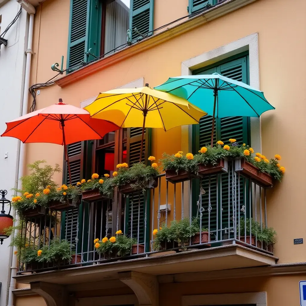 a photo of a balcony adorned with a collection of colorful umbrellas