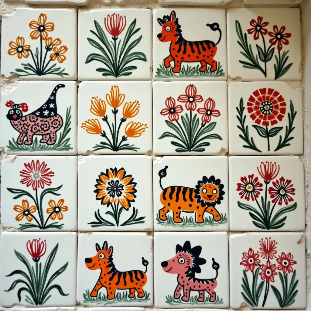 a photo of a collection of artful ceramic tiles on the wall