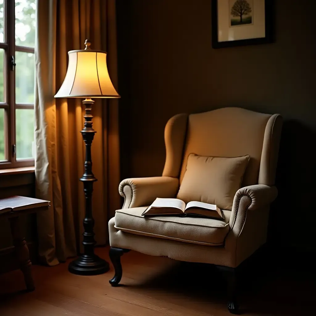 a photo of a reading nook with a vintage armchair and a reading lamp