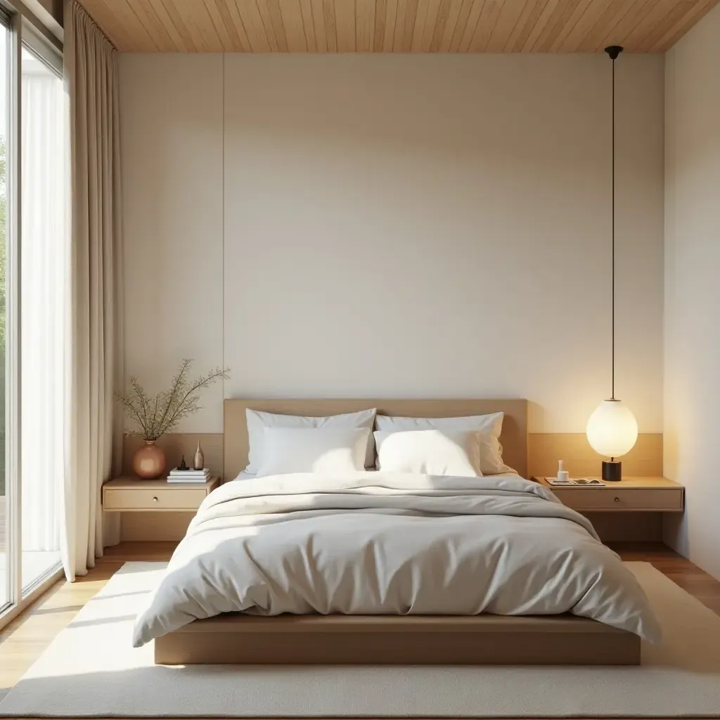 a photo of a zen-inspired bedroom with minimal decor and calming elements