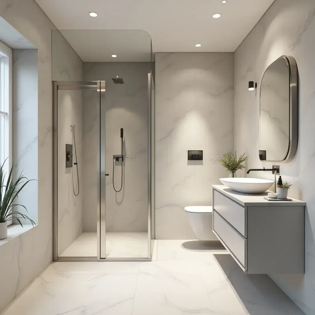 a photo of a modern bathroom with a walk-in shower and minimalist decor