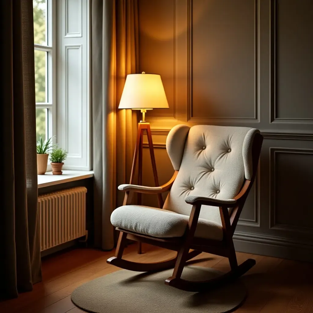 a photo of a reading nook with a stylish rocking chair and a lamp