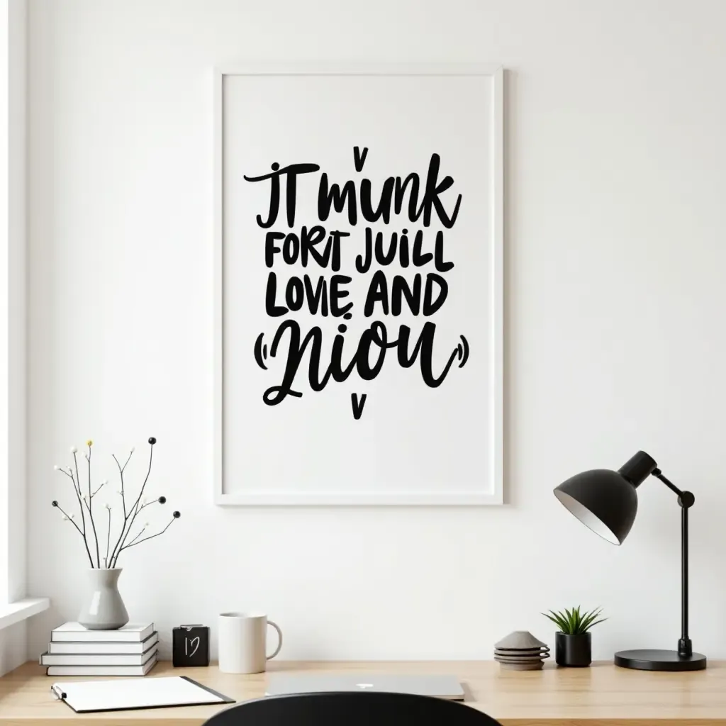 a photo of a bold typography wall art piece above a desk