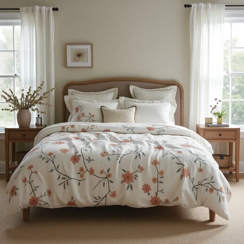 a photo of a serene bedroom with a farmhouse-style quilt and nature-inspired decor