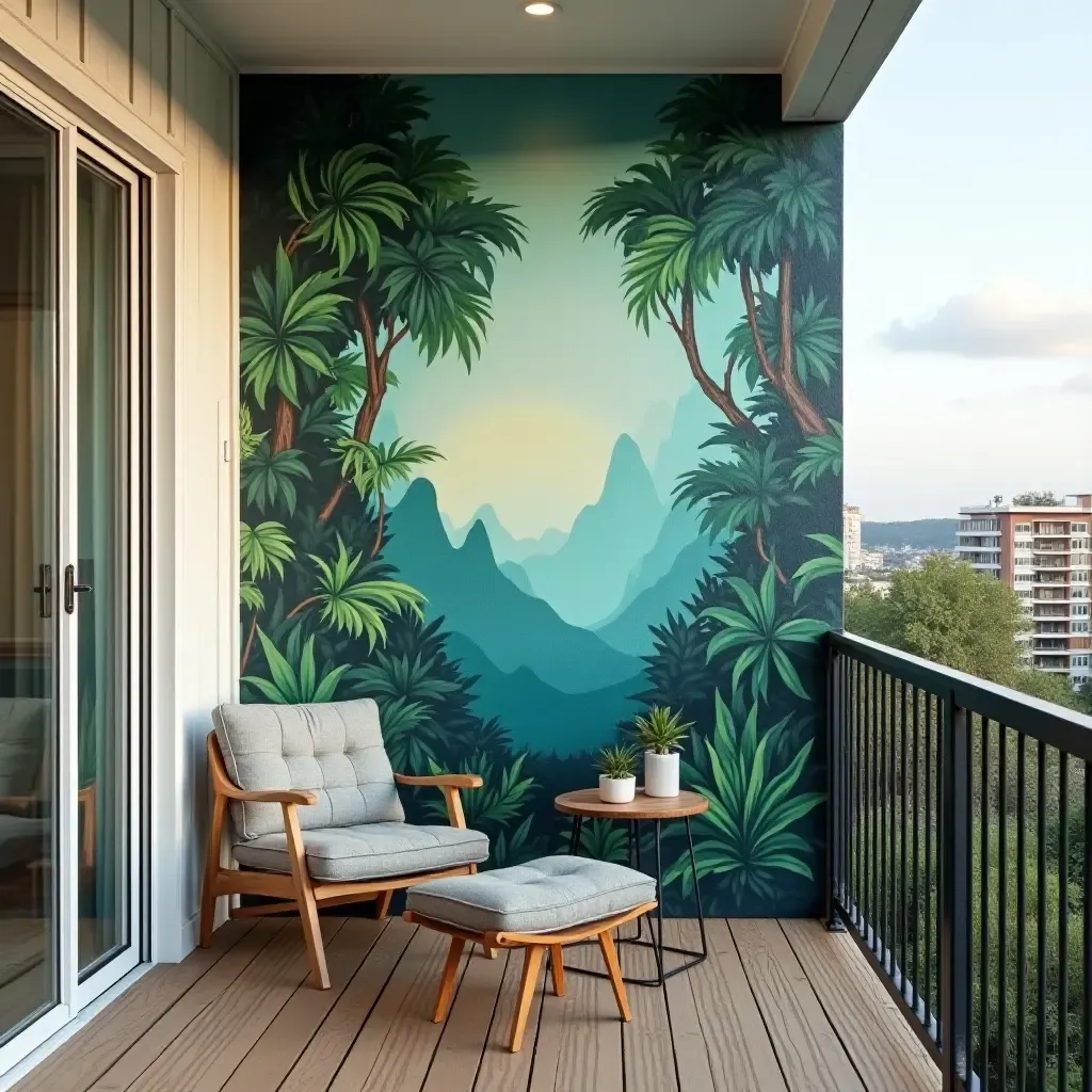 a photo of a balcony wall featuring a nature-inspired mural