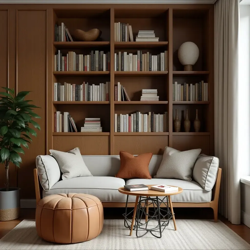 a photo of a reading nook with a chic design and plenty of books