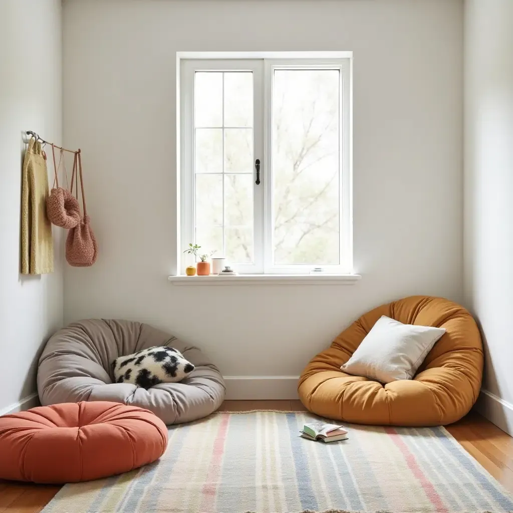 a photo of a nursery featuring a reading nook with colorful floor cushions