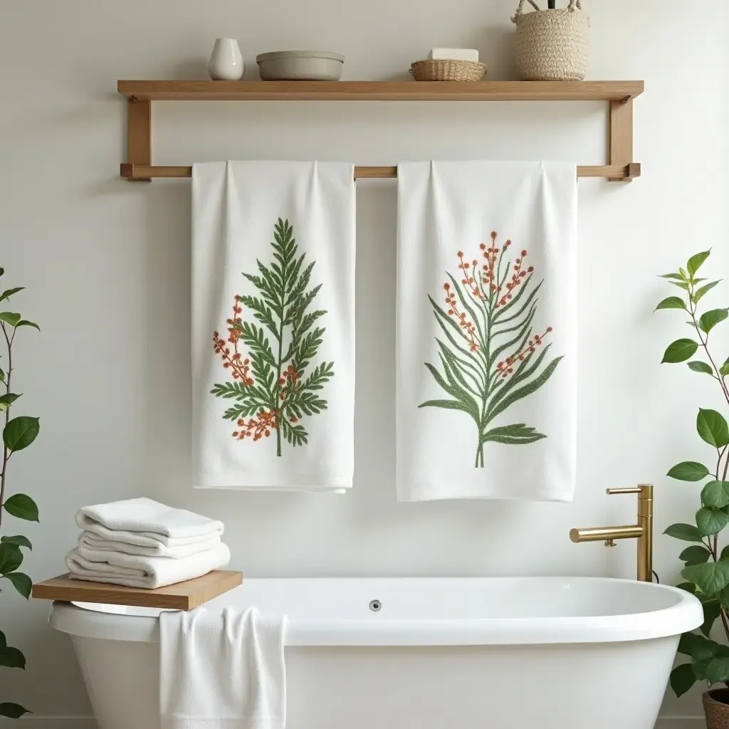 a photo of towels with botanical prints in a nature-inspired bathroom