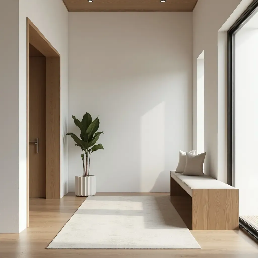 a photo of a sleek entrance hall featuring a wooden bench and minimalist decor