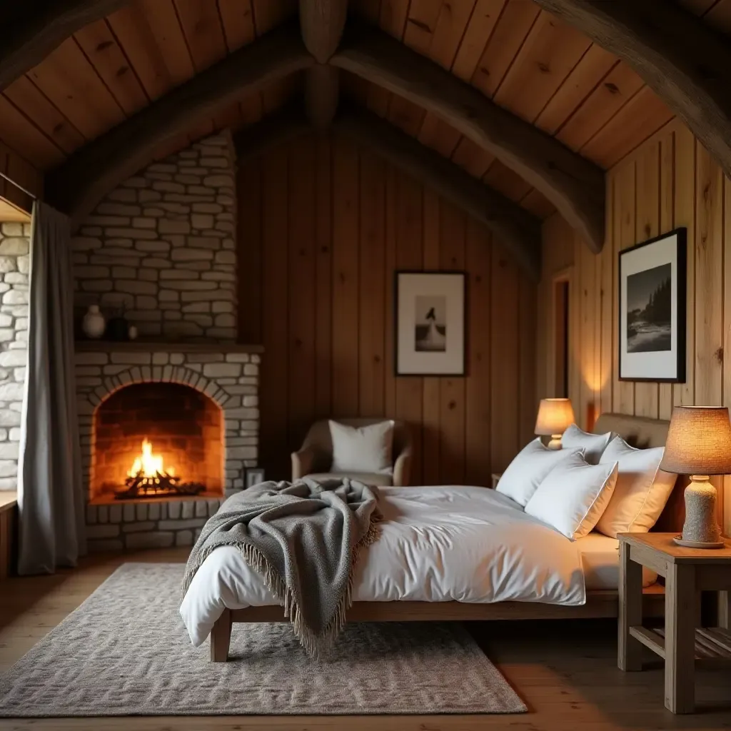 a photo of a rustic bedroom with wooden furniture and a cozy fireplace